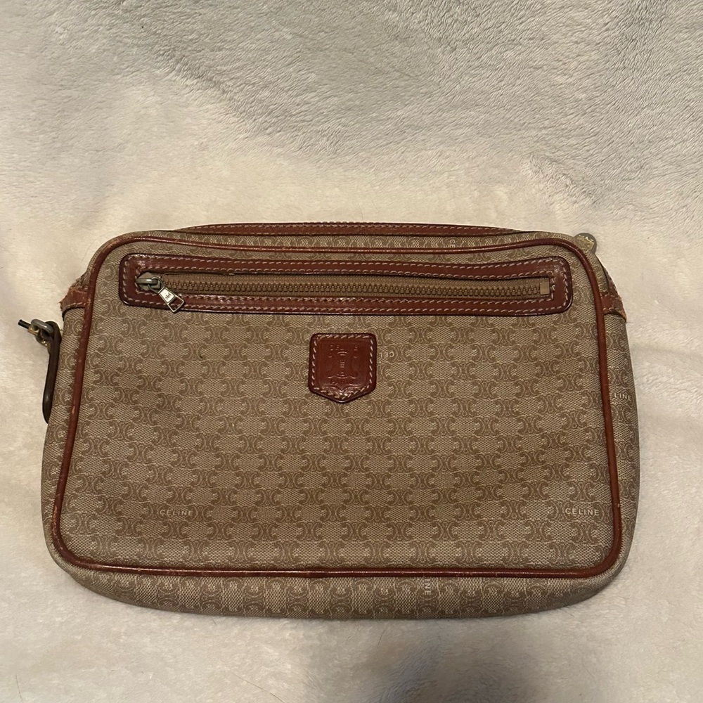 Vintage Celine Macadam Canvas Zip Clutch | Tan & Brown